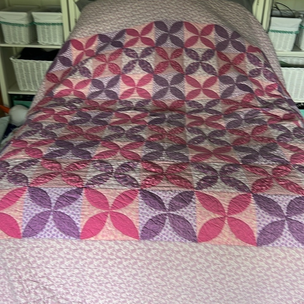 Ethan Allen Kids Pink, White, and Purple Geometric Quilt 93” x 93”